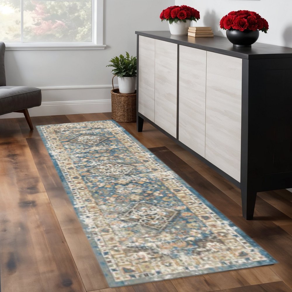 8' Blue and Brown Oriental Distressed Runner Rug With Fringe