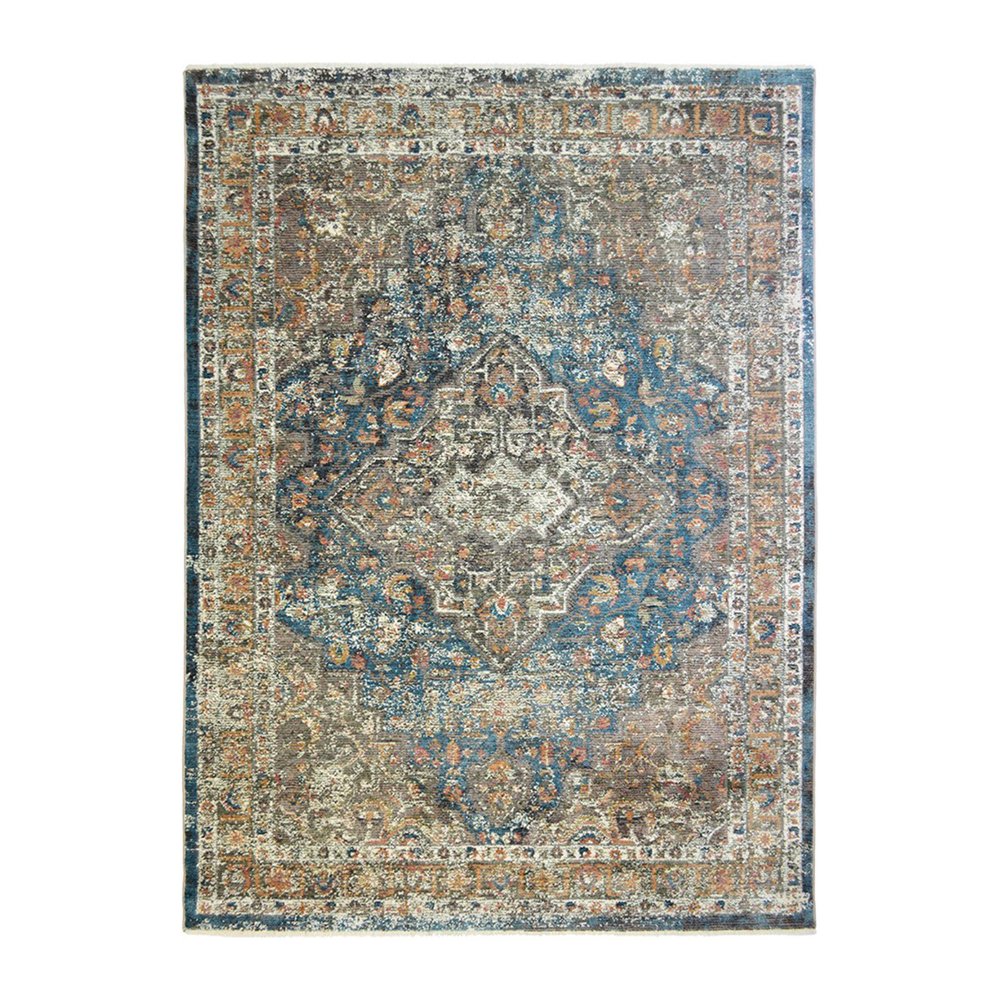 9' X 13' Blue and Brown Oriental Distressed Area Rug With Fringe