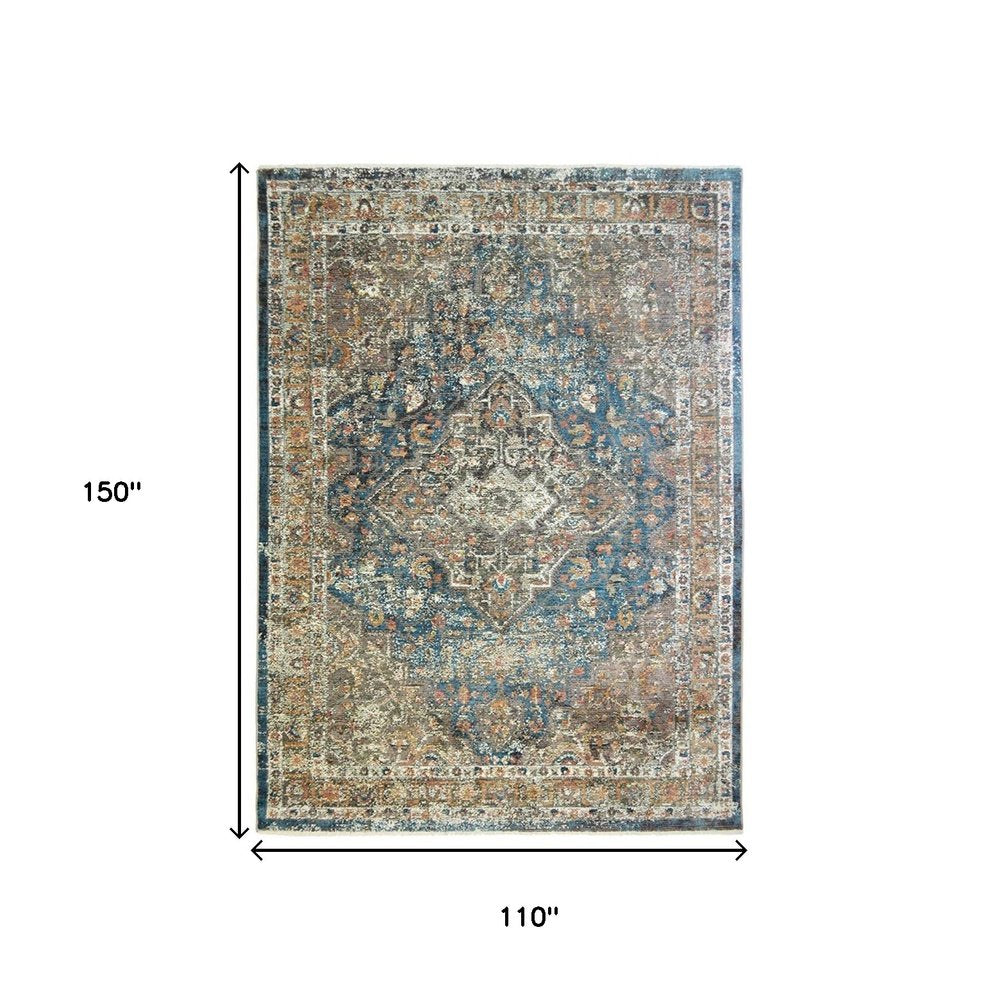 9' X 13' Blue and Brown Oriental Distressed Area Rug With Fringe