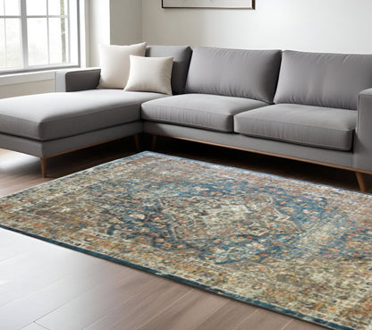 9' X 13' Blue and Brown Oriental Distressed Area Rug With Fringe