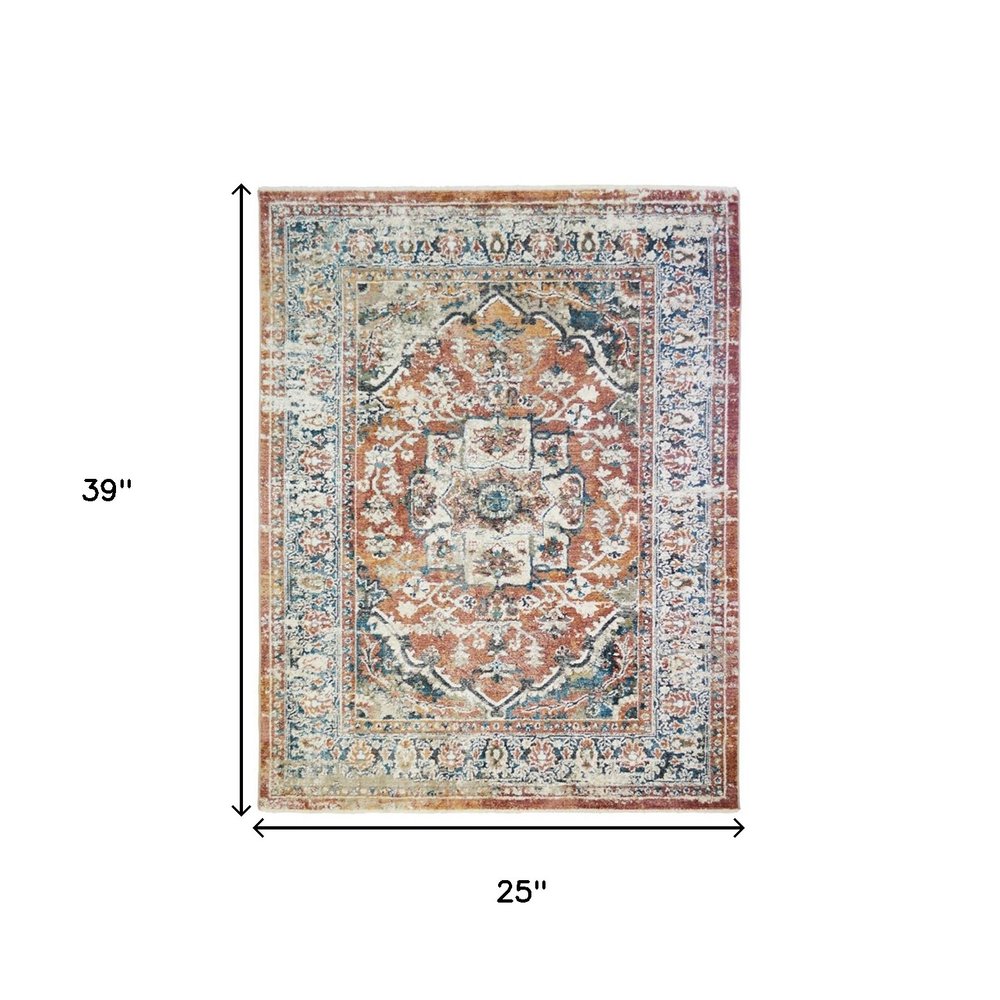 2' X 3' Rust Oriental Distressed Area Rug With Fringe