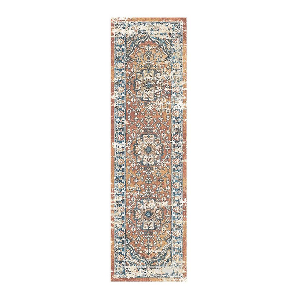 8' Rust Oriental Distressed Runner Rug With Fringe