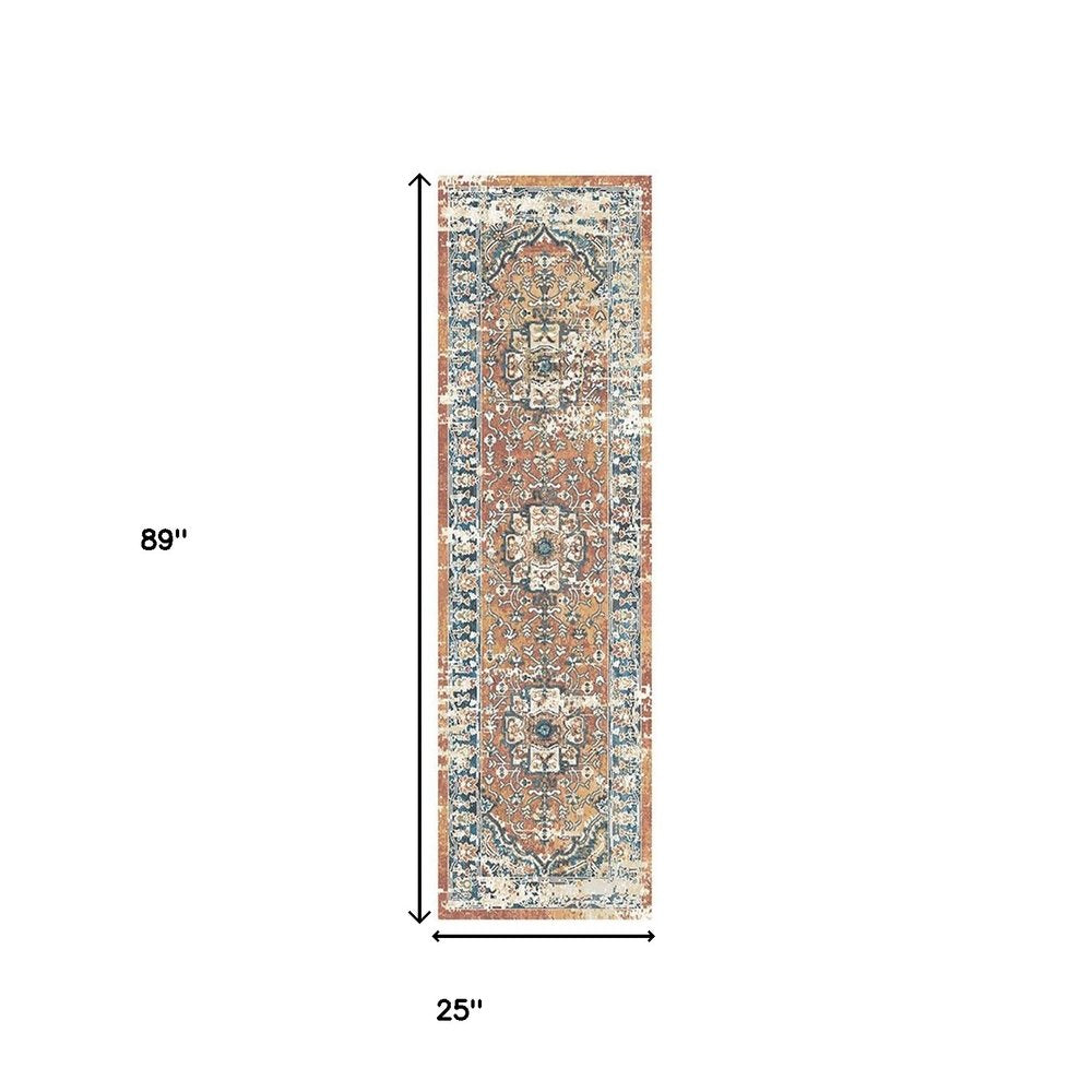 8' Rust Oriental Distressed Runner Rug With Fringe