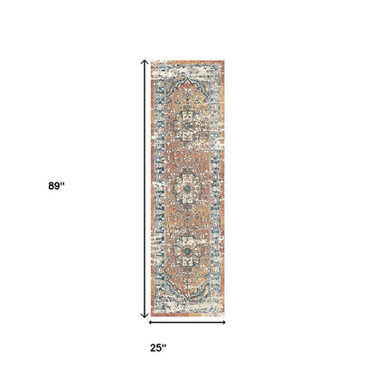 8' Rust Oriental Distressed Runner Rug With Fringe