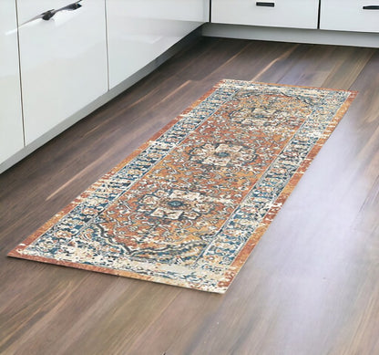 8' Rust Oriental Distressed Runner Rug With Fringe