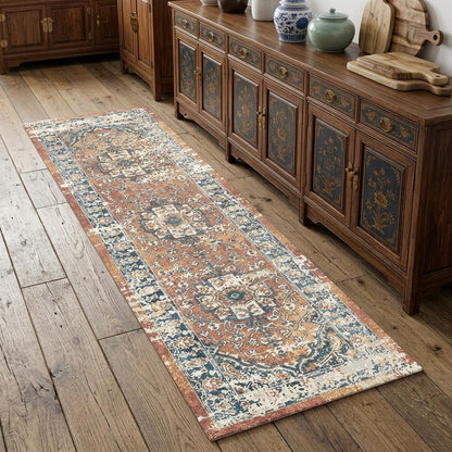 8' Rust Oriental Distressed Runner Rug With Fringe