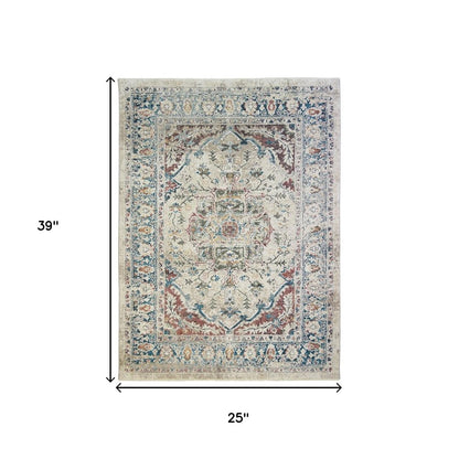 2' X 3' Ivory Blue and Gray Oriental Distressed Area Rug With Fringe
