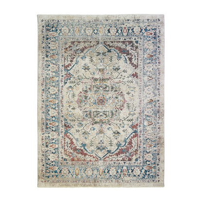 5' X 8' Ivory Blue and Gray Oriental Distressed Area Rug With Fringe
