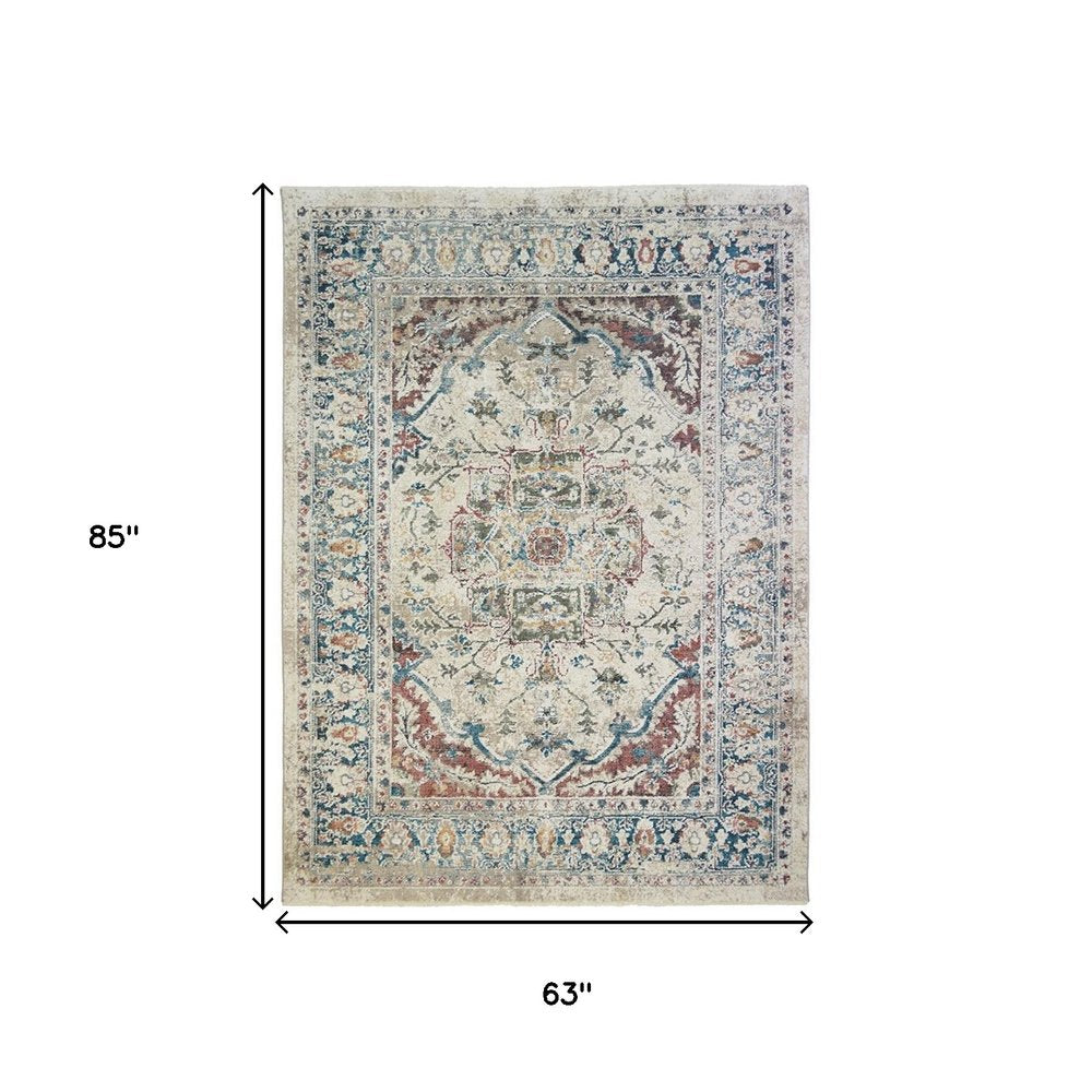 5' X 8' Ivory Blue and Gray Oriental Distressed Area Rug With Fringe