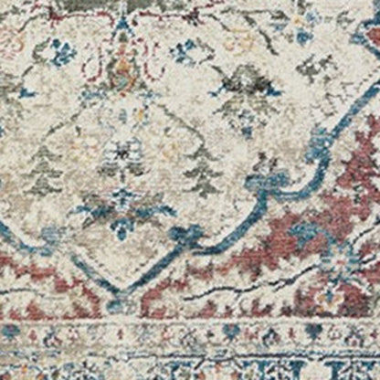 5' X 8' Ivory Blue and Gray Oriental Distressed Area Rug With Fringe