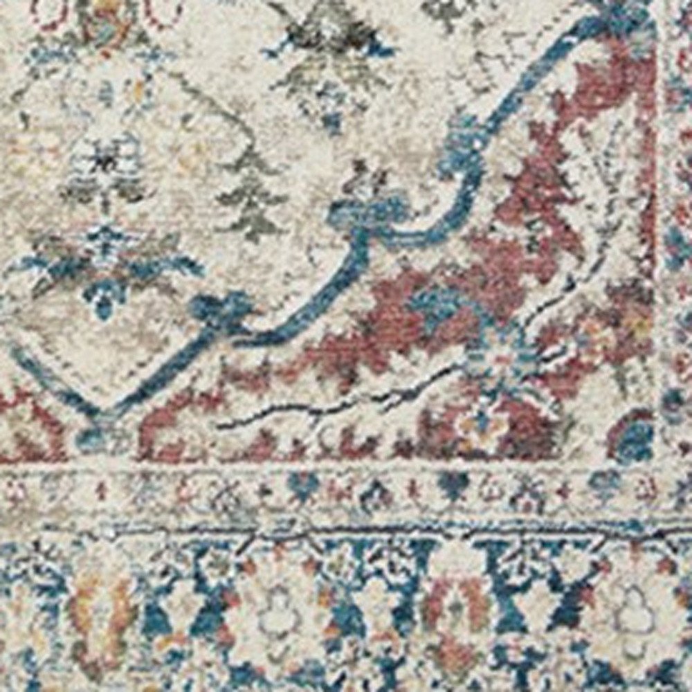 5' X 8' Ivory Blue and Gray Oriental Distressed Area Rug With Fringe