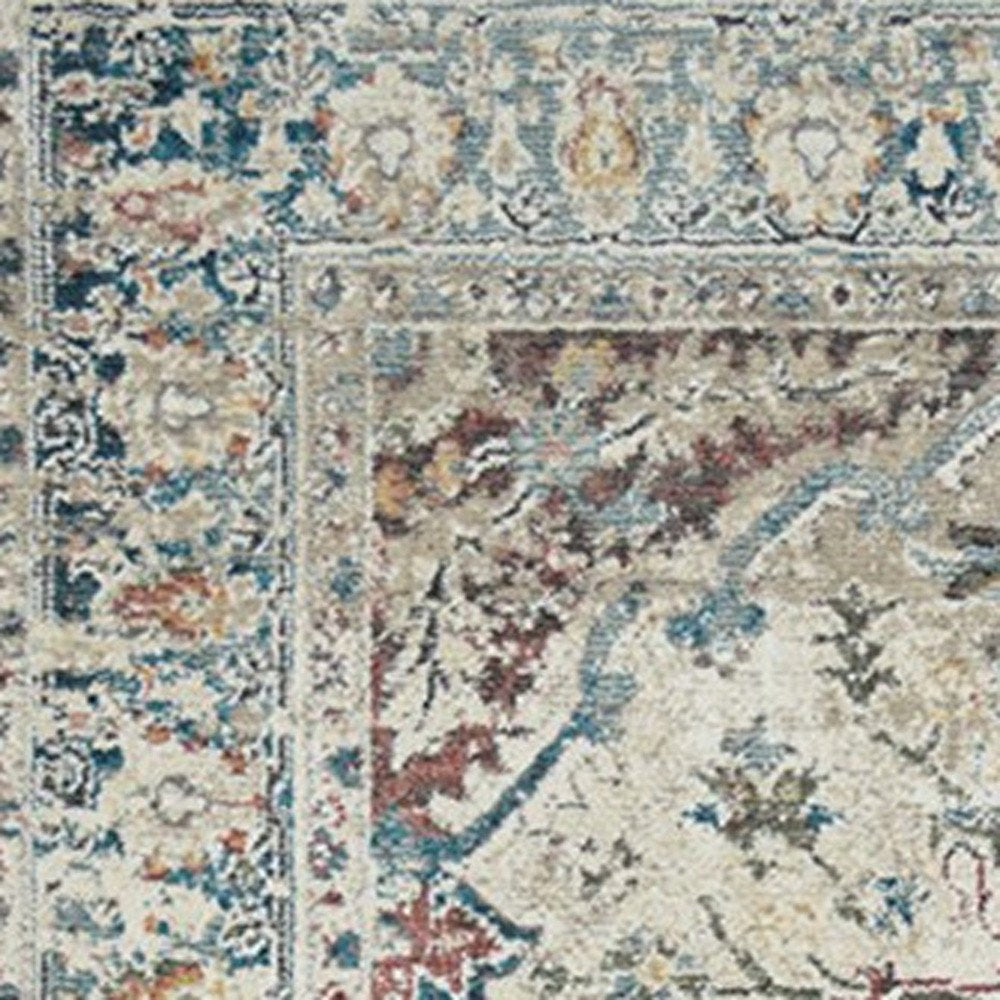 5' X 8' Ivory Blue and Gray Oriental Distressed Area Rug With Fringe