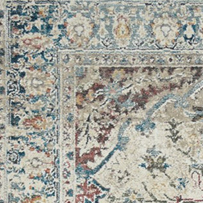 5' X 8' Ivory Blue and Gray Oriental Distressed Area Rug With Fringe