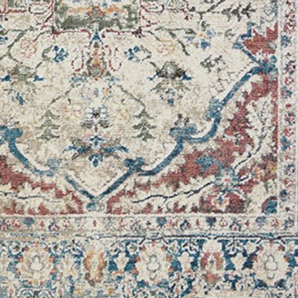 5' X 8' Ivory Blue and Gray Oriental Distressed Area Rug With Fringe