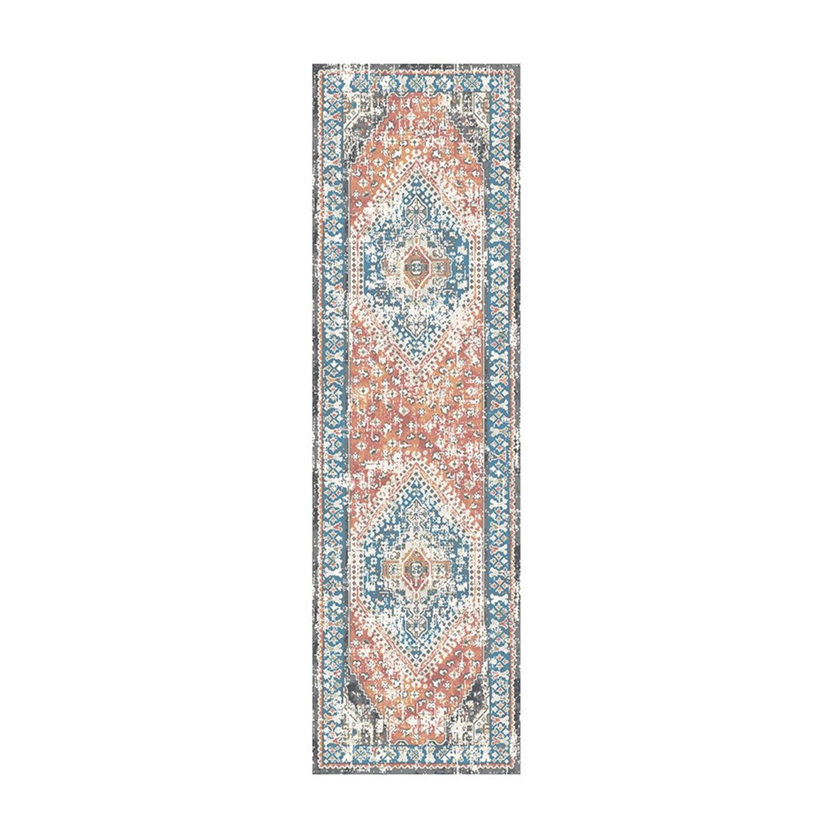 8' Teal Taupe and Rust Geometric Distressed Runner Rug With Fringe