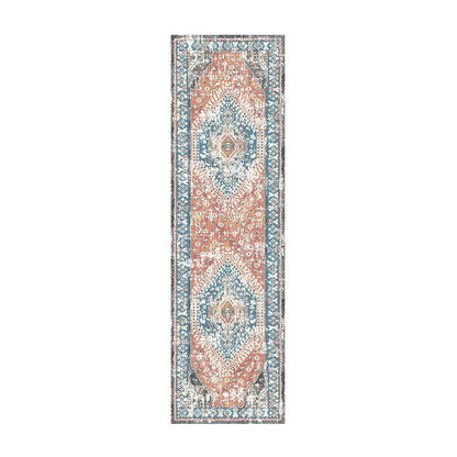 8' Teal Taupe and Rust Geometric Distressed Runner Rug With Fringe