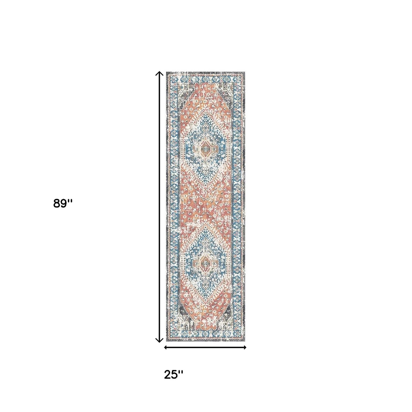 8' Teal Taupe and Rust Geometric Distressed Runner Rug With Fringe