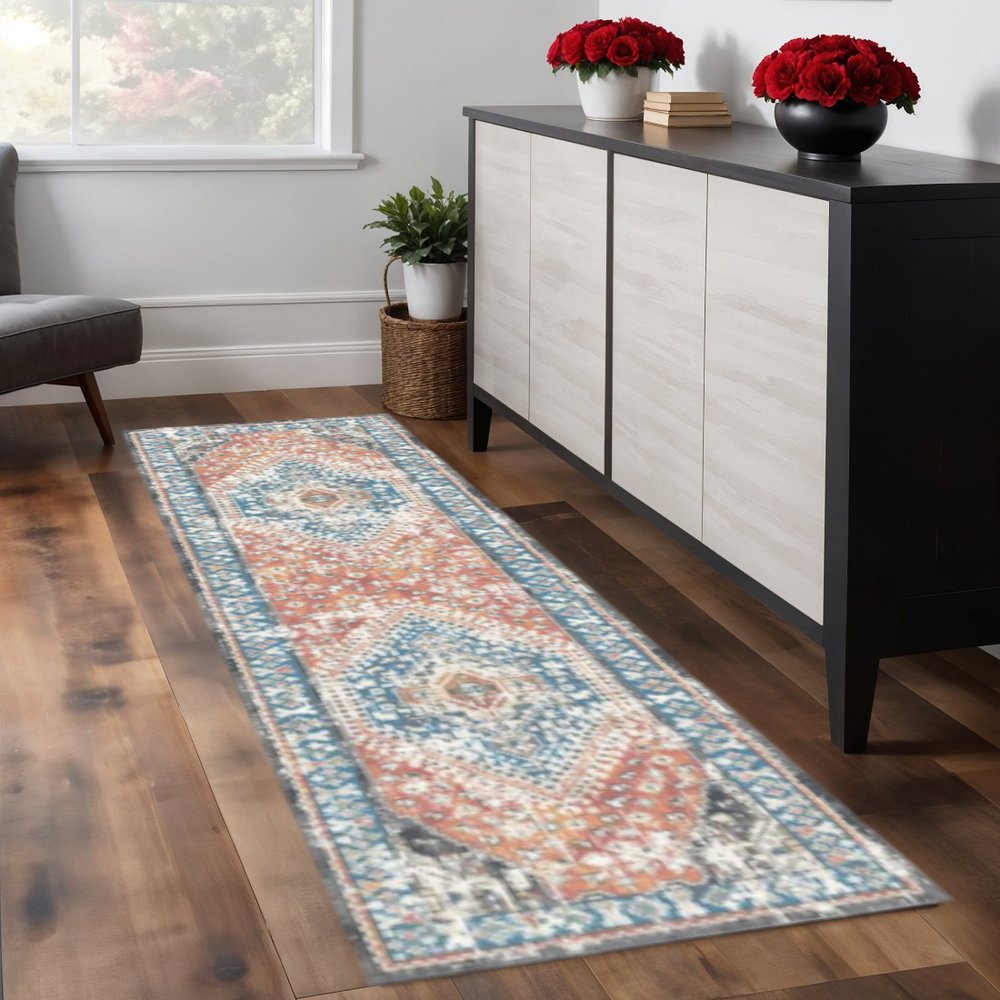 8' Teal Taupe and Rust Geometric Distressed Runner Rug With Fringe