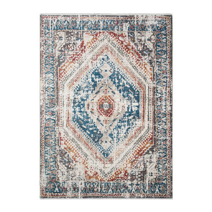 5' X 8' Teal Taupe and Rust Geometric Distressed Area Rug With Fringe