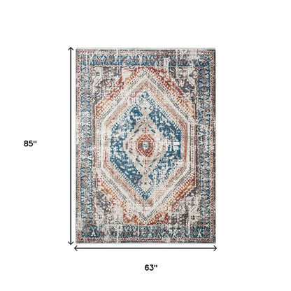 5' X 8' Teal Taupe and Rust Geometric Distressed Area Rug With Fringe