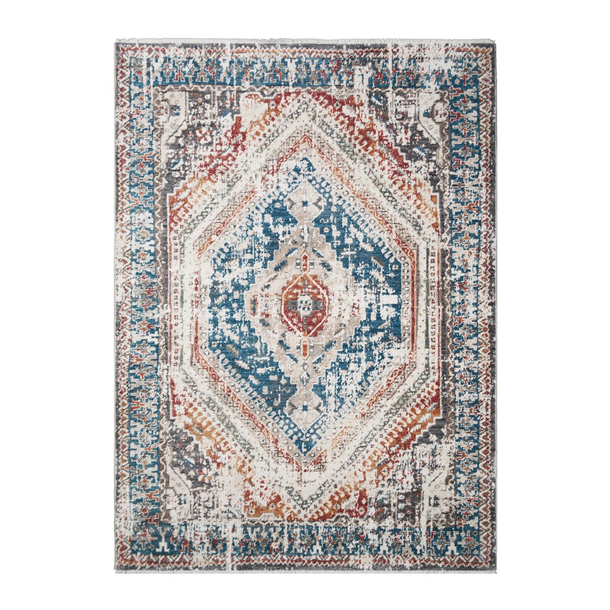 8' X 10' Teal Taupe and Rust Geometric Distressed Area Rug With Fringe