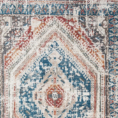 8' X 10' Teal Taupe and Rust Geometric Distressed Area Rug With Fringe