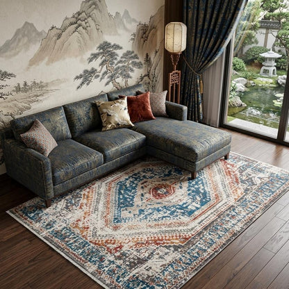 9' X 13' Teal Taupe and Rust Geometric Distressed Area Rug With Fringe
