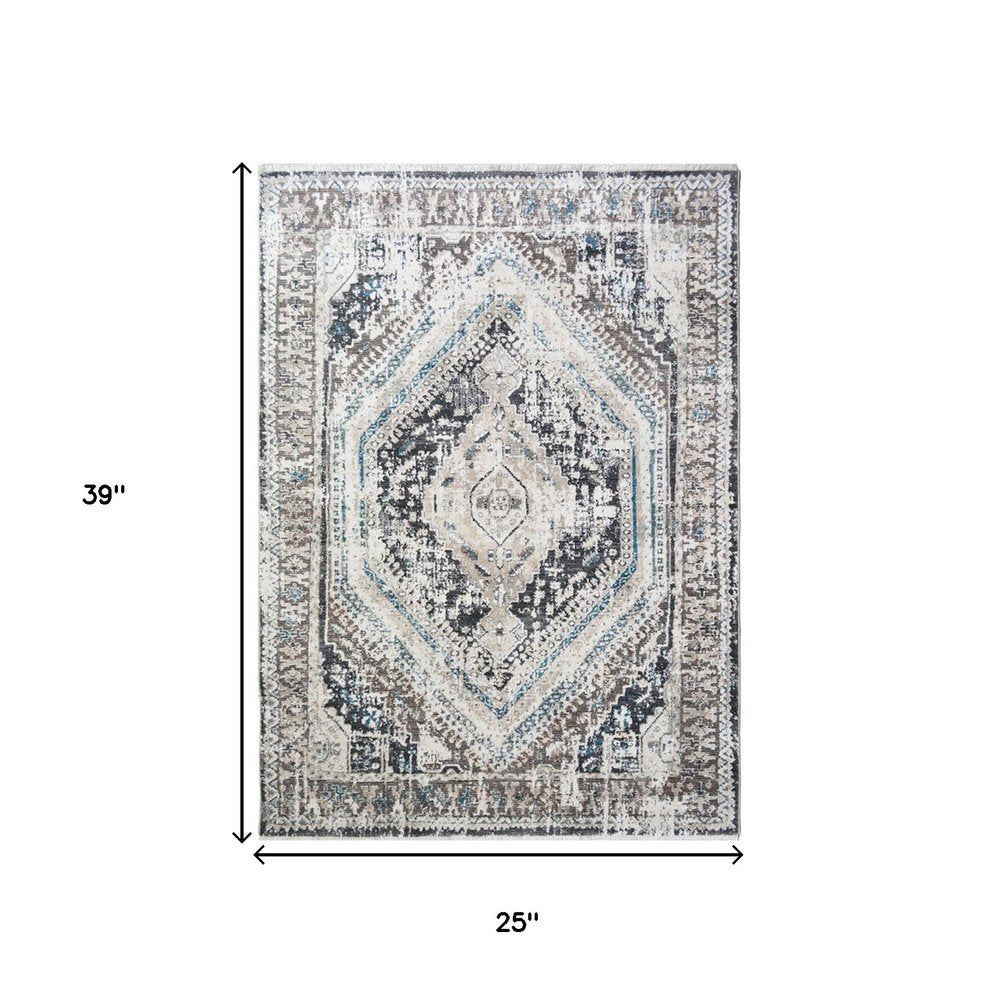 2' X 3' Gray Beige and Blue Geometric Distressed Area Rug With Fringe