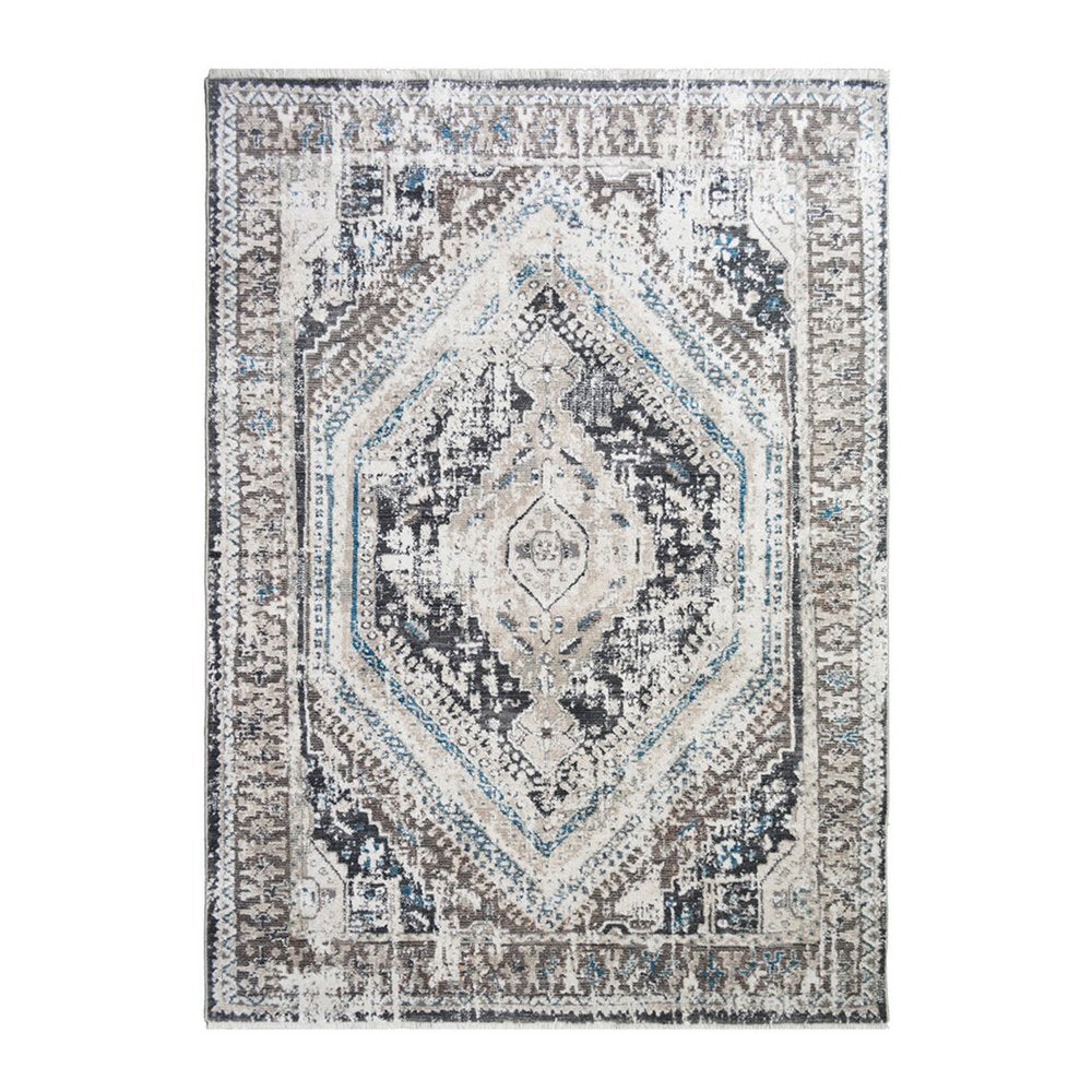 2' X 3' Gray Beige and Blue Geometric Distressed Area Rug With Fringe