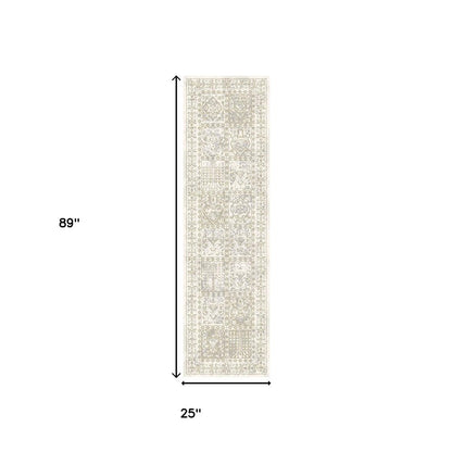 8' Ivory Oriental Distressed Runner Rug With Fringe