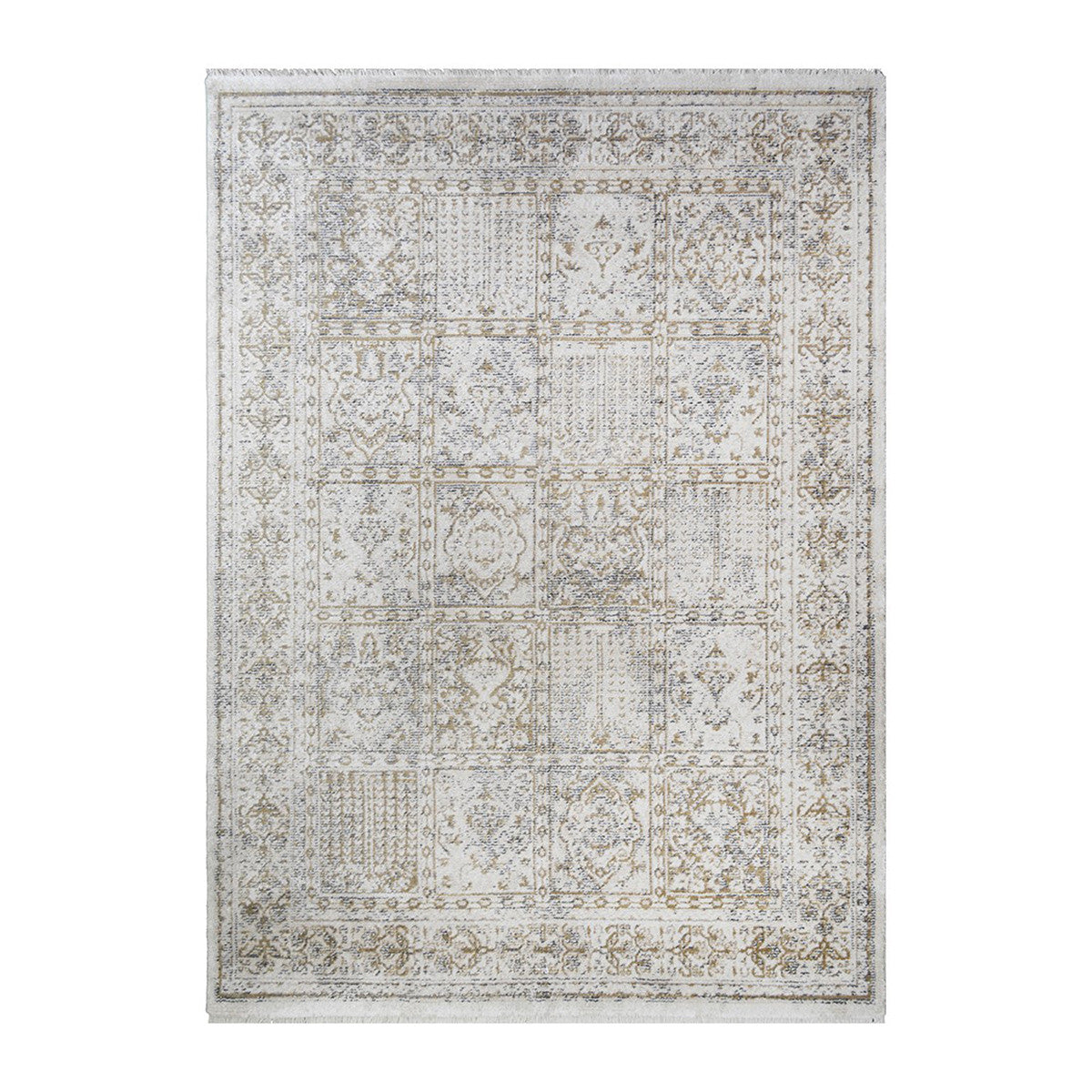 5' X 8' Ivory Oriental Distressed Area Rug With Fringe