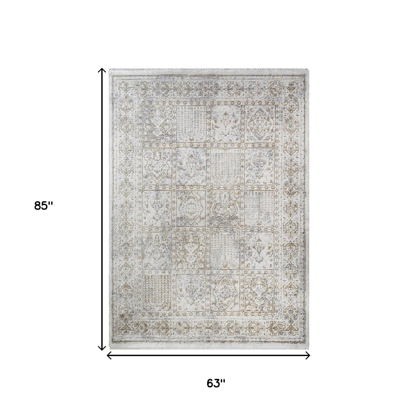 5' X 8' Ivory Oriental Distressed Area Rug With Fringe