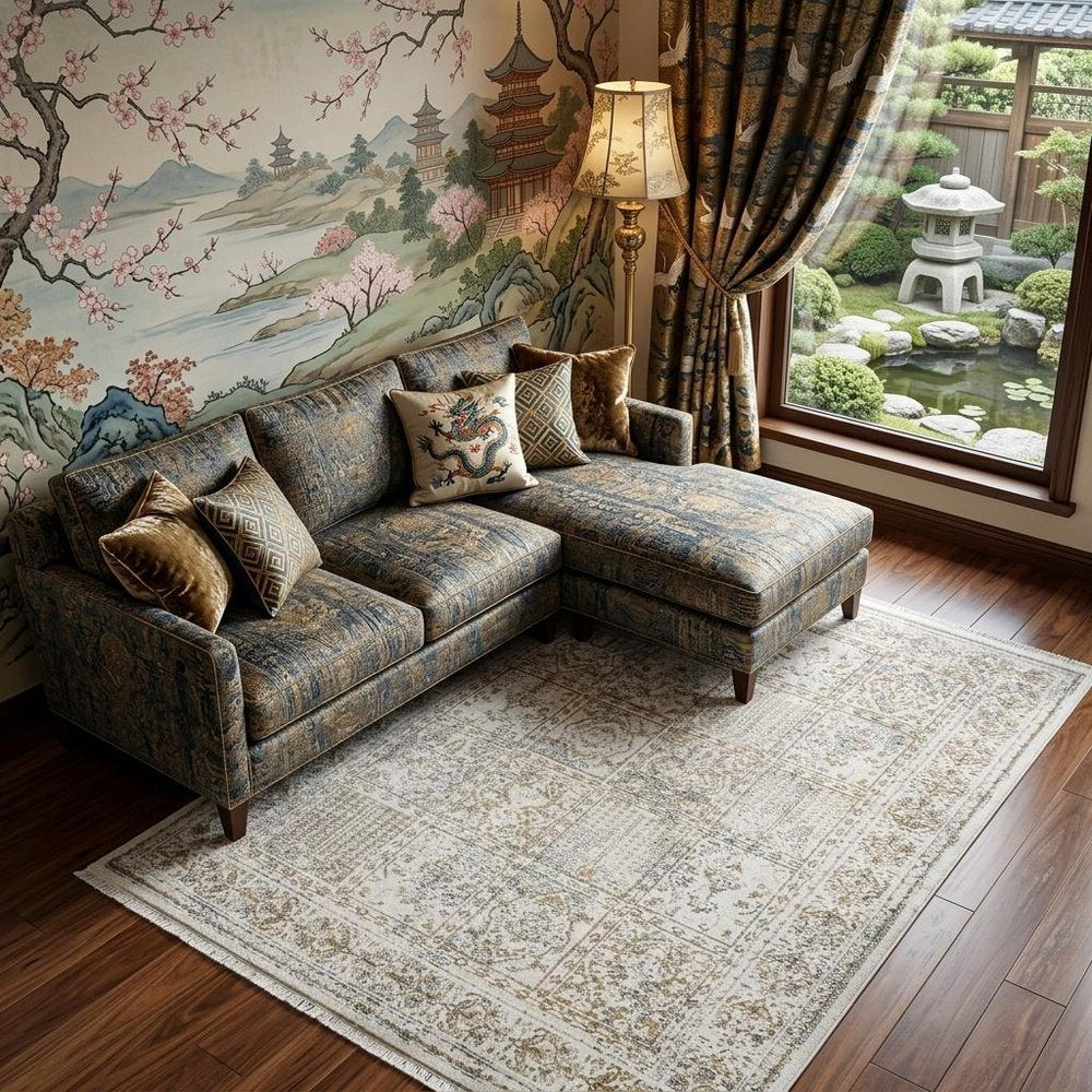 8' X 10' Ivory Oriental Distressed Area Rug With Fringe