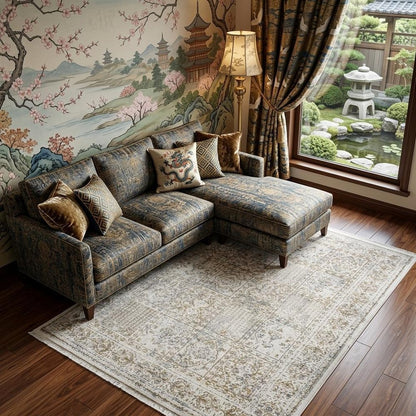8' X 10' Ivory Oriental Distressed Area Rug With Fringe