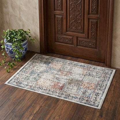 2' X 3' Ivory Blue and Gray Patchwork Distressed Area Rug With Fringe