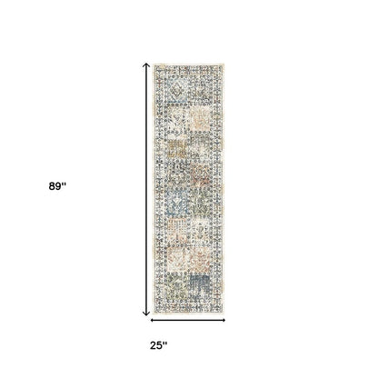8' Ivory Blue and Gray Patchwork Distressed Runner Rug With Fringe