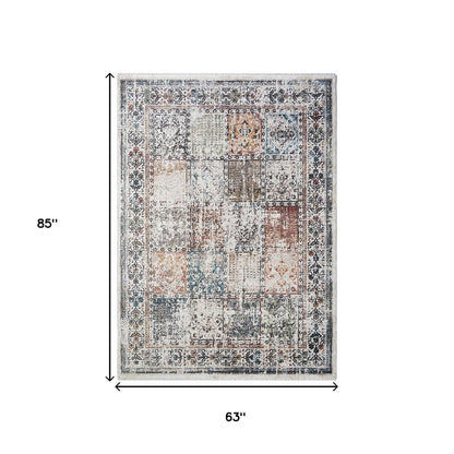 5' X 8' Ivory Oriental Distressed Area Rug With Fringe