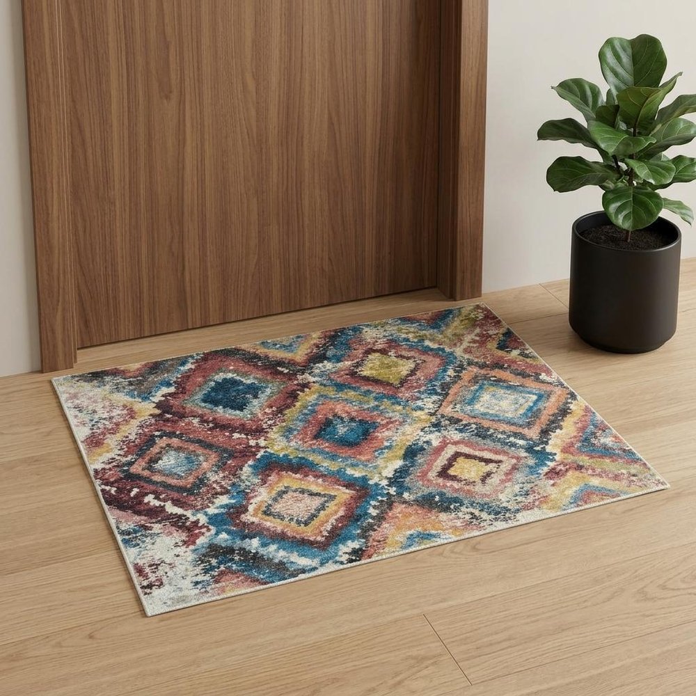 2' X 3' Blue Geometric Distressed Area Rug With Fringe