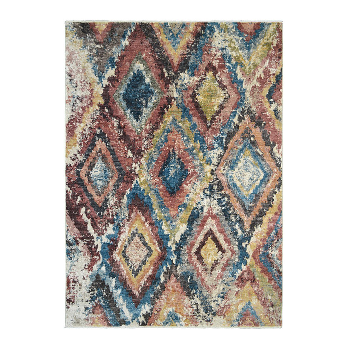 5' X 8' Blue Geometric Distressed Area Rug With Fringe