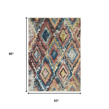 5' X 8' Blue Geometric Distressed Area Rug With Fringe