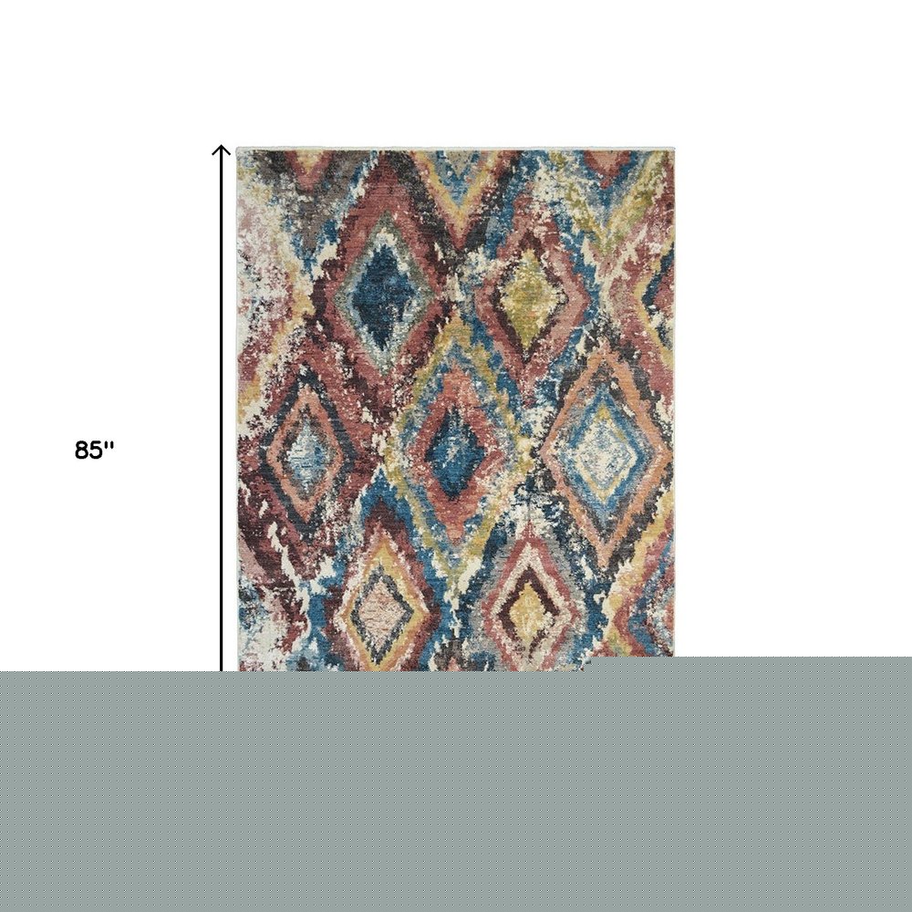 5' X 8' Blue Geometric Distressed Area Rug With Fringe
