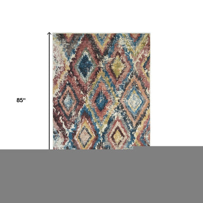 5' X 8' Blue Geometric Distressed Area Rug With Fringe