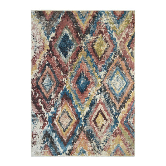 8' X 10' Blue Geometric Distressed Area Rug With Fringe