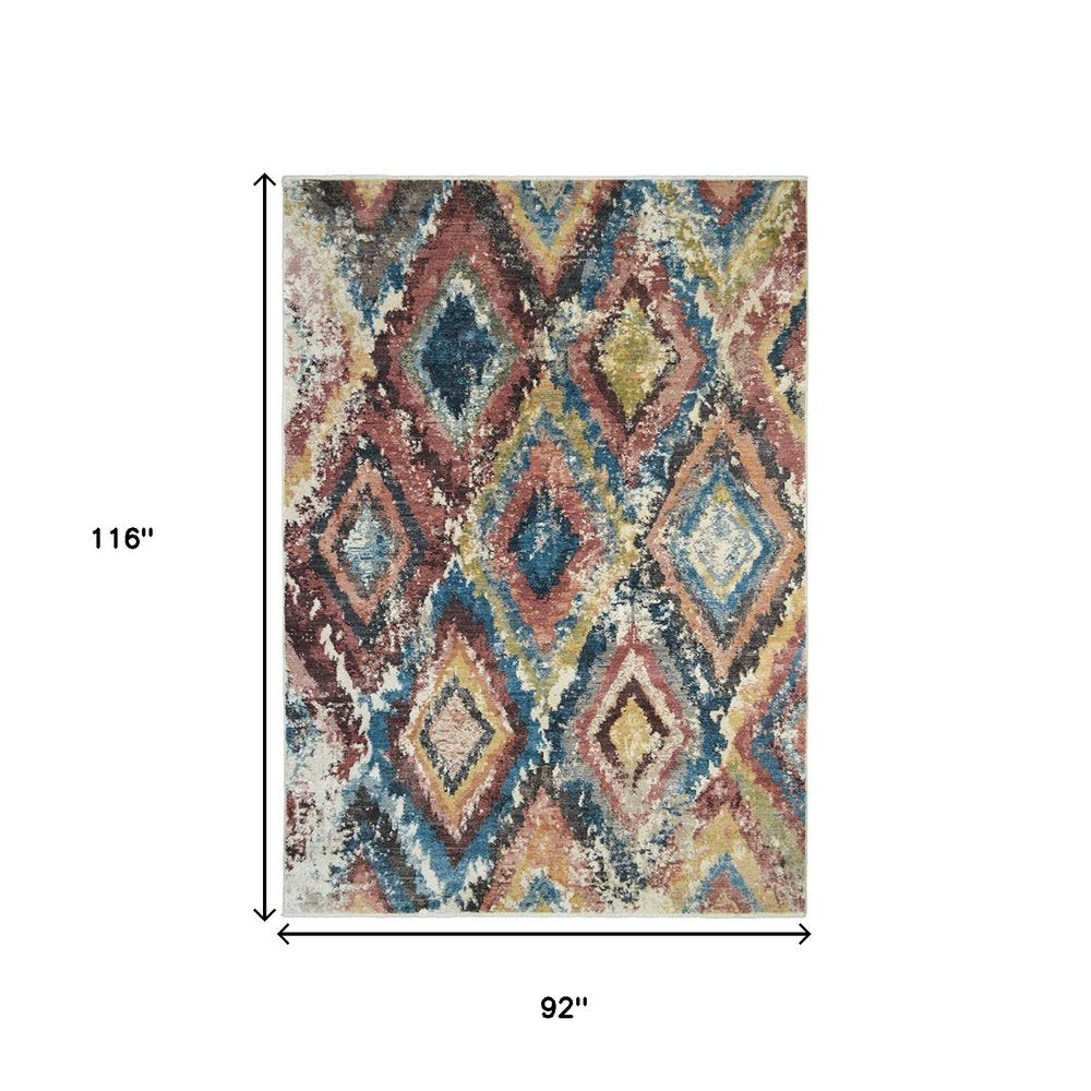 8' X 10' Blue Geometric Distressed Area Rug With Fringe