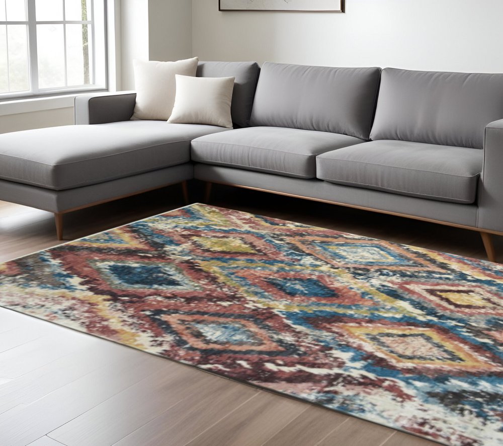 8' X 10' Blue Geometric Distressed Area Rug With Fringe