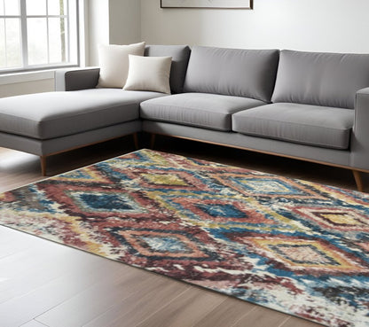 8' X 10' Blue Geometric Distressed Area Rug With Fringe