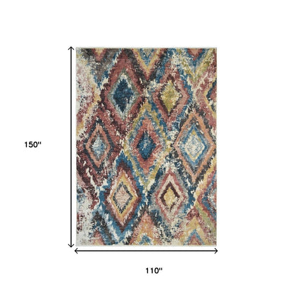 9' X 13' Blue Geometric Distressed Area Rug With Fringe