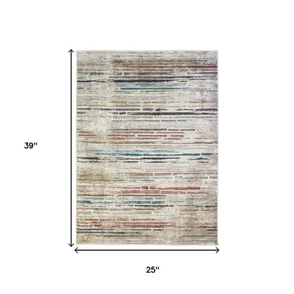 2' X 3' Beige Geometric Distressed Area Rug With Fringe
