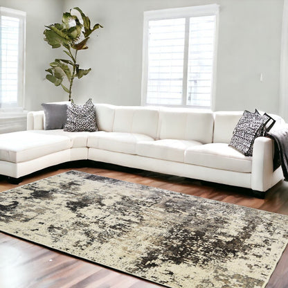 9' X 13' Black Abstract Distressed Area Rug With Fringe