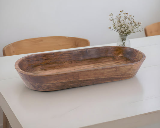 22" Natural Brown Acacia Wood Oval Centerpiece Dough Bowl